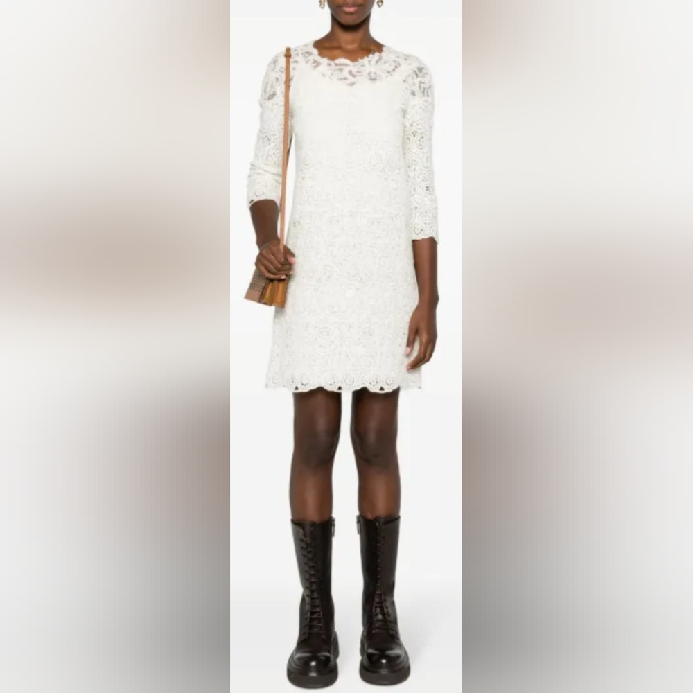 Ralph Lauren 100%Cotton White Crochet Sheath Dress 3/4 Sleeve Crew Neck Lined M - Picture 12 of 16